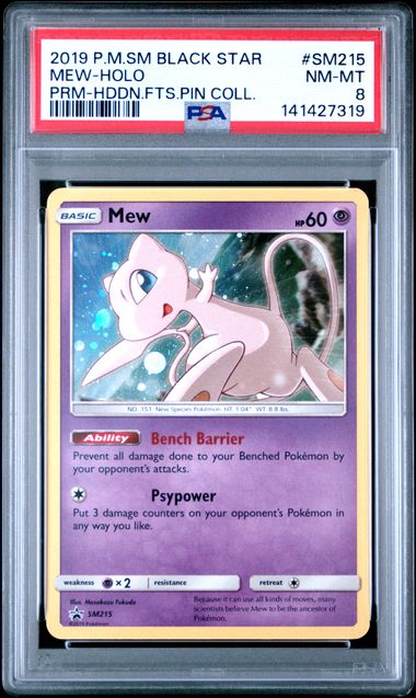 PSA 8 2019 POKEMON SM BLACK STAR PROMO #SM215 MEW-HOLO PRM-HDDN.FTS.PIN COLL. -