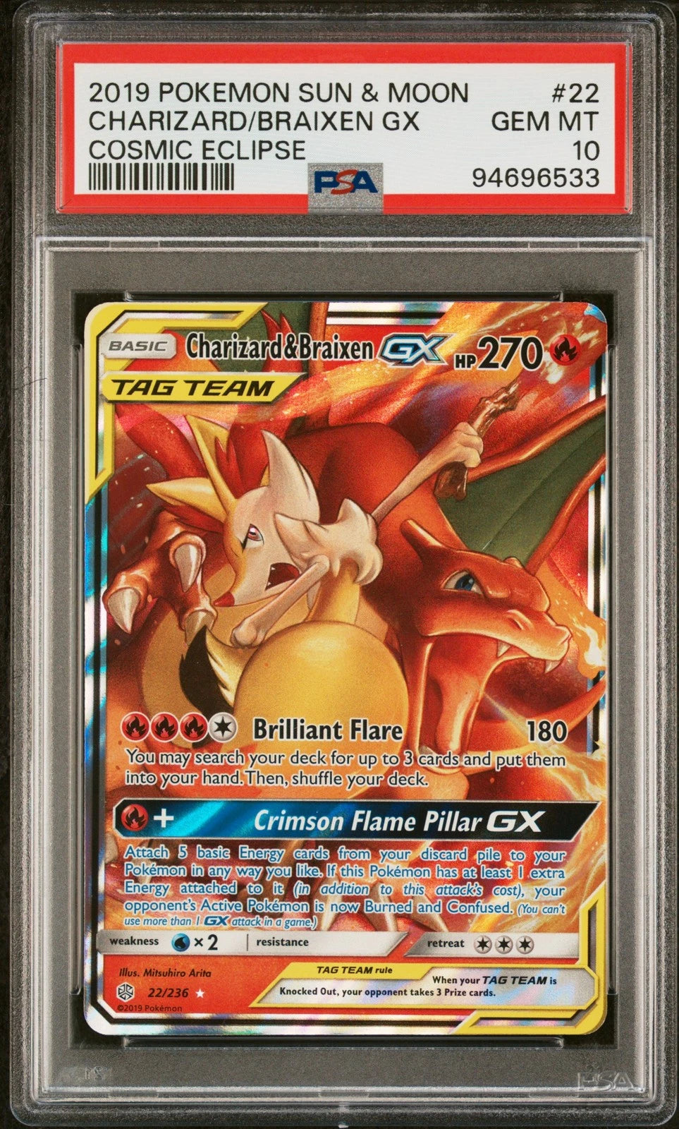 PSA 10 2019 POKEMON SUN & MOON COSMIC ECLIPSE #22 CHARIZARD/BRAIXEN GX -
