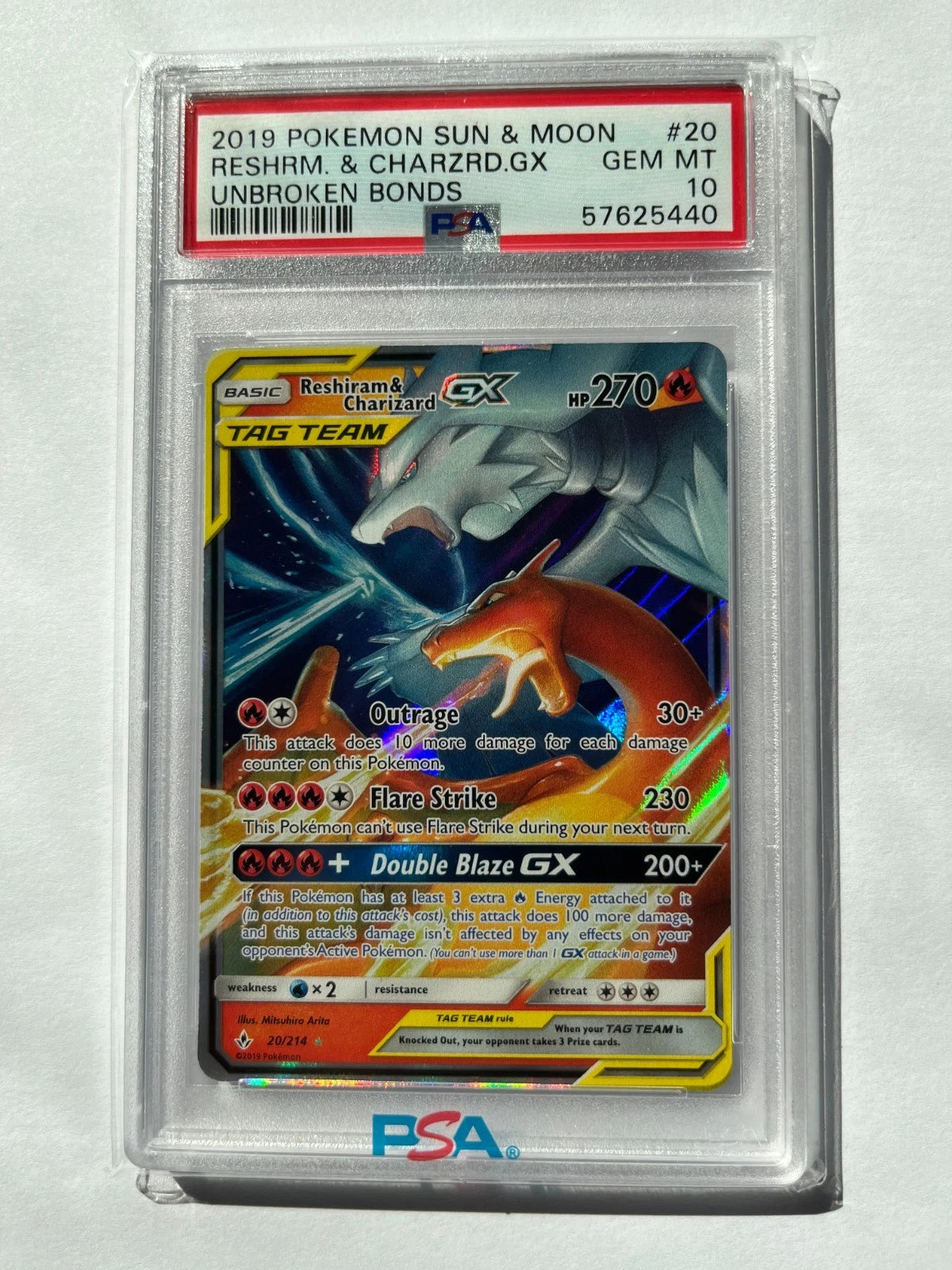 PSA 10 2019 POKEMON SUN & MOON UNBROKEN BONDS #20 RESHRM. & CHARZRD.GX -